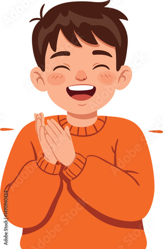 Happy boy clapping hands in orange sweater vector illustration of joyful child expressing excitement and fun 