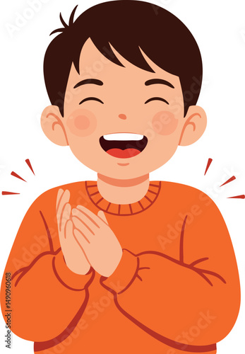 Laughing happy boy in orange sweater clapping hands vector illustration smiling child joy 
