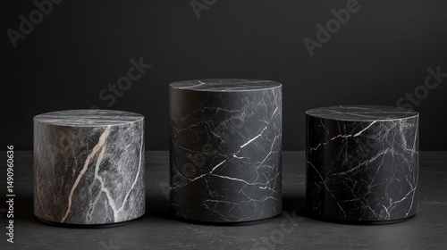 Three cylindrical marble pedestals on dark background.