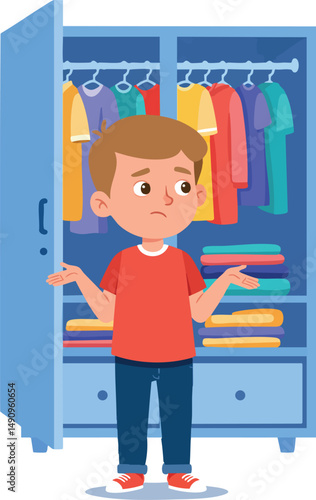 Confused child standing in front of open wardrobe with colorful clothes vector illustration 