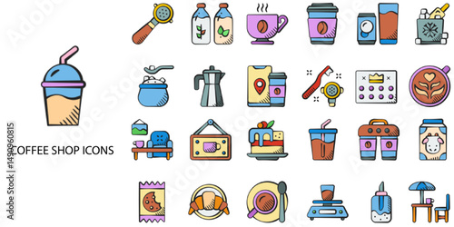 Coffee simple concept 24 hand drawn color icons set .Vector illustration.