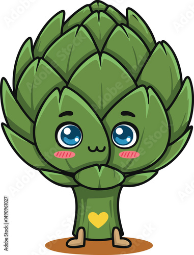 Cute cartoon artichoke character with big blue eyes and blushing cheeks vector illustration 