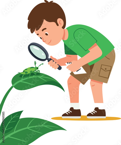Boy examining green insect on leaf with magnifying glass outdoor exploration 