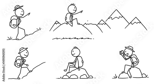 Stick Figure Hiking and Exploring in the Mountains Comic Style Illustration