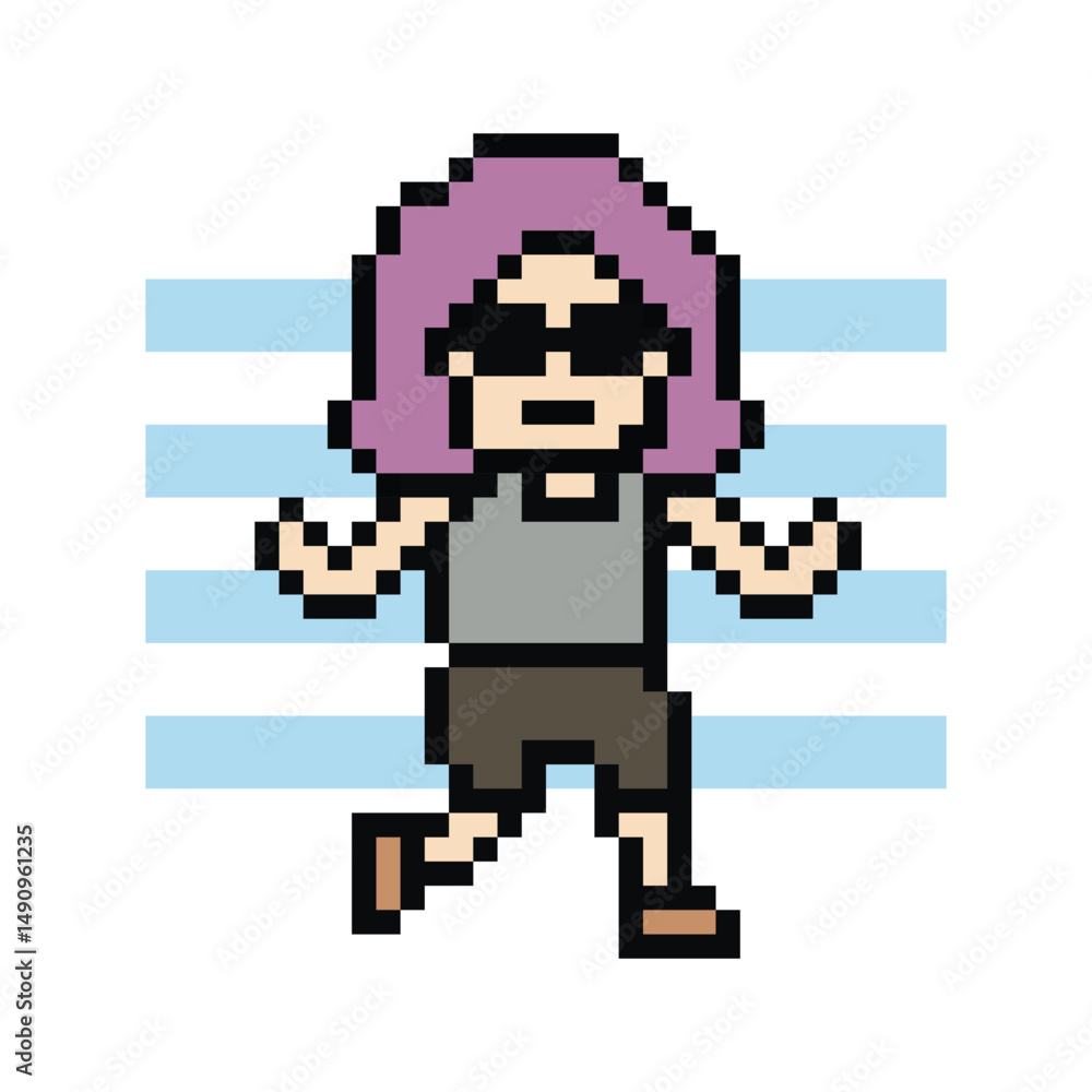 Fototapeta premium Pixel cartoon run exercise cute cartoon 8bit character woman lady run running jog cardio lifestyle decoration life style 8 bit female jog marathon exercise game 8 bit game vector.