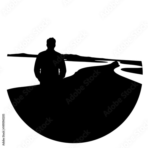 Silhouette of a man standing by a winding river against a horizon  