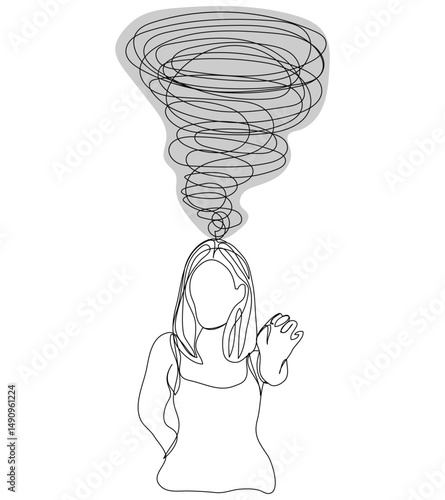 Sketch problem concept minimal woman emotion stress headache drawing line art.Female unhappy depress hand drawn continuous line concept with white ioslated background.Abstract,vector,illustration.