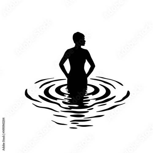Silhouette of a person standing in water with ripples around them  