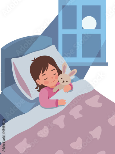 Child sleeping peacefully in bed hugging stuffed bunny at night vector illustration 