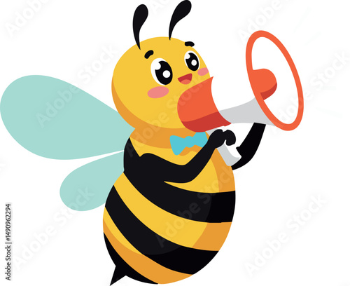 Cartoon bee holding megaphone vector illustration with yellow and black stripes 
