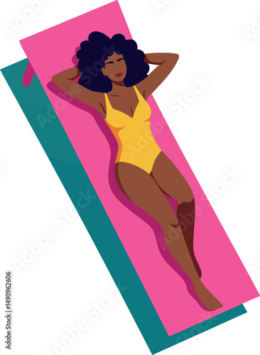 Woman in yellow swimsuit sunbathing on pink and teal beach towel relaxing vector illustration 
