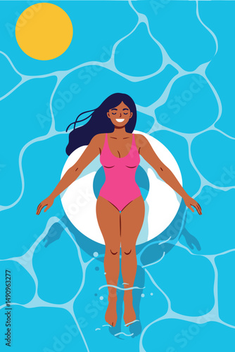 Woman Relaxing in Swimming Pool on Float with Sun and Blue Water Vector Illustration 