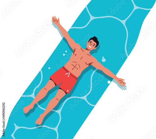 Man Relaxing Floating in Swimming Pool on Inflatable Mattress Vector Illustration 
