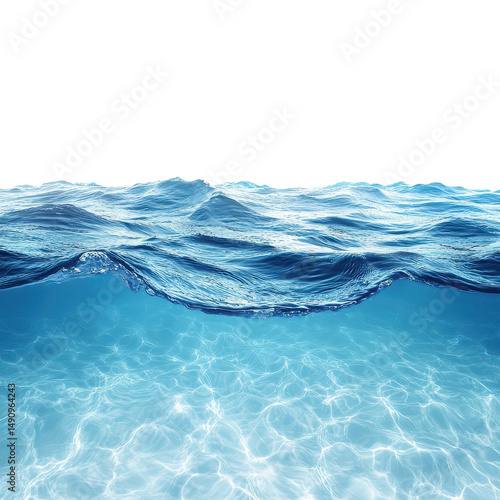 Blue water surface with sandy ocean bottom Isolated on white transparent background