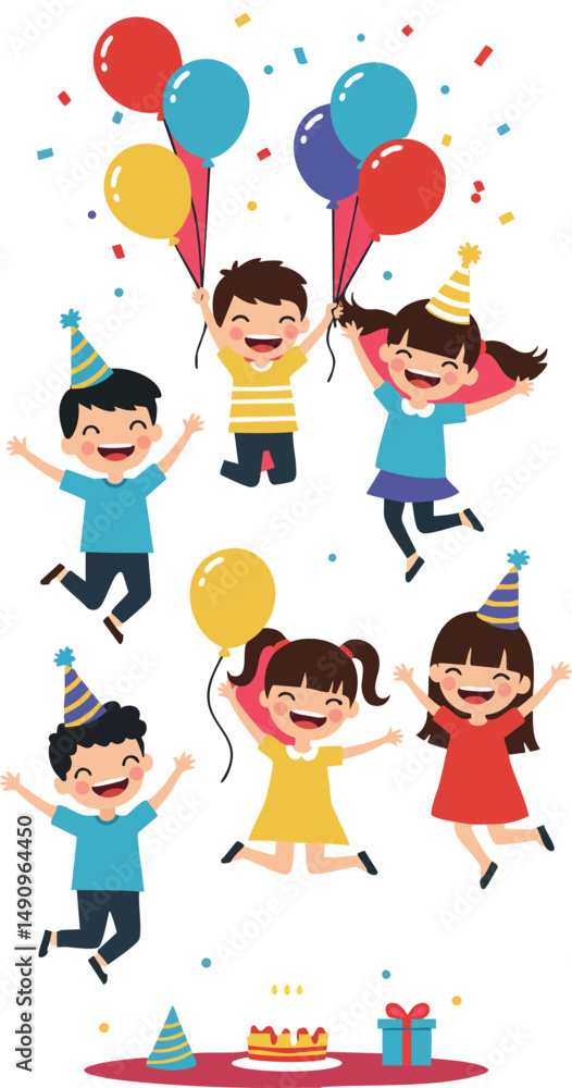 Children Celebrating Birthday Party with Balloons Confetti and Cake Vector Illustration Children Celebrating Birthday Party with Balloons Confetti and Cake Vector Illustration