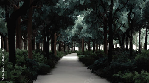 Serene Forest Pathway Vector Illustration – Tranquil Woodland Landscape With Lush Green Trees and Sunlit Trail for Nature, Outdoors, and Relaxation Concepts