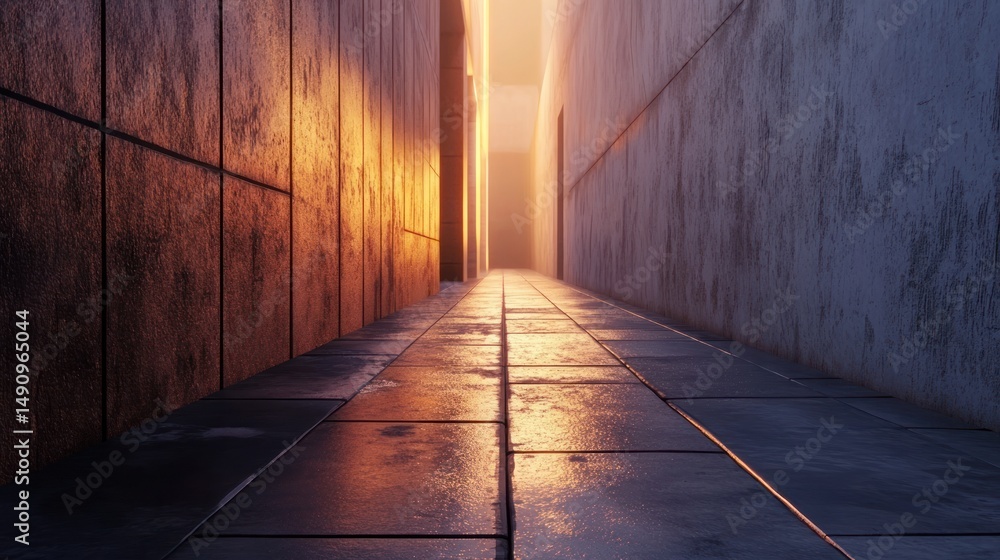 Abstract urban canyon walkway with gleaming tile floor bathed in golden light Abstract urban canyon walkway with gleaming tile floor bathed in golden light