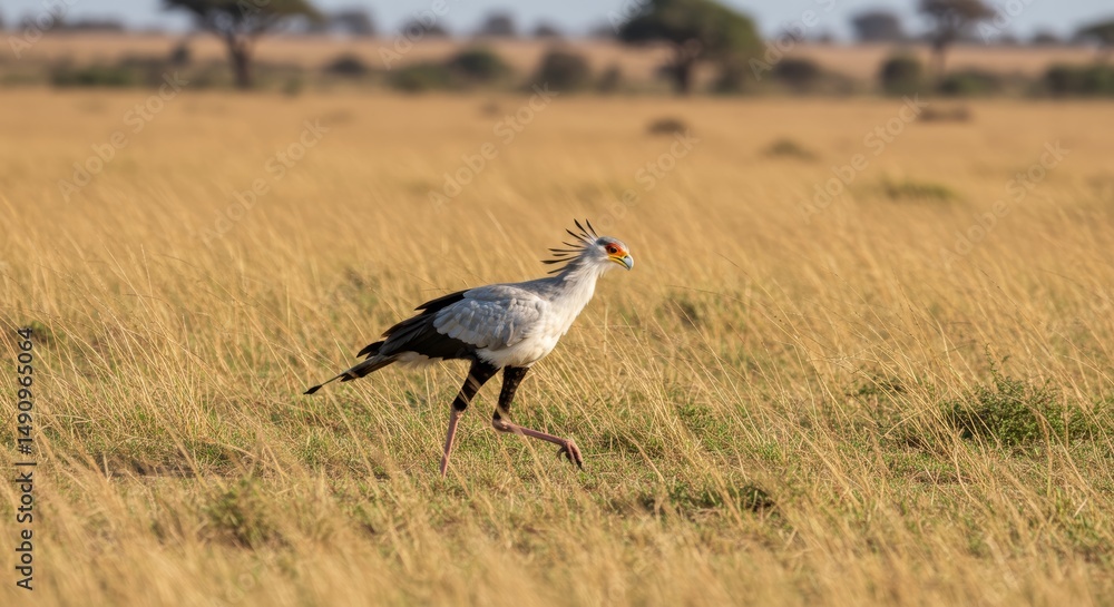 Obraz premium Elegant secretary bird strides confidently across the african savanna landscape