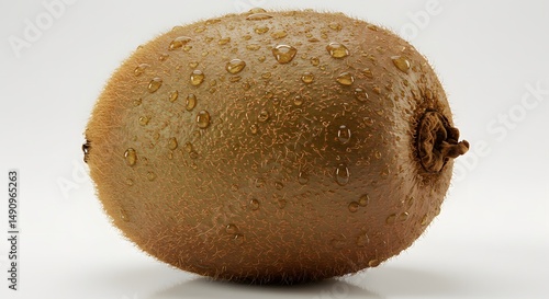 Whole kiwi fruit covered in water droplets, emphasizing freshness and texture on a clean white background.