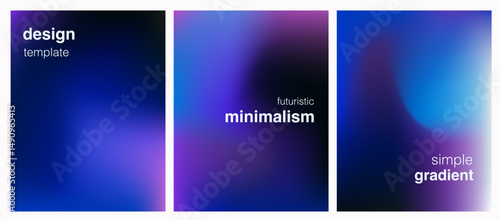 Modern vector posters with soft blue and purple gradients highlight a minimalist, futuristic style. The smooth abstract backgrounds embody the current popular trend of digital minimalism in design.
