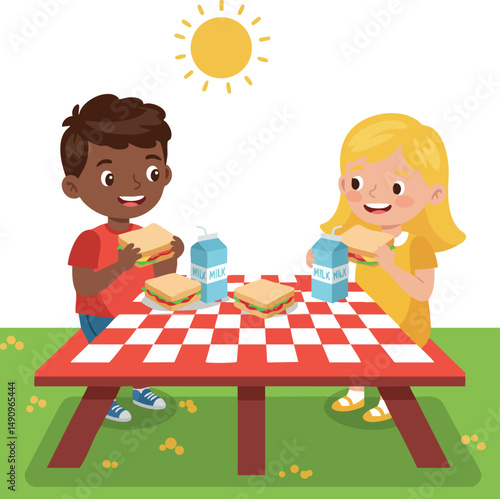Children Eating Sandwiches and Drinking Milk at Picnic Table Under Sunny Sky Vector Illustration 