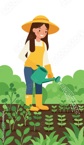 Woman gardening watering plants in garden with yellow hat and boots vector illustration 