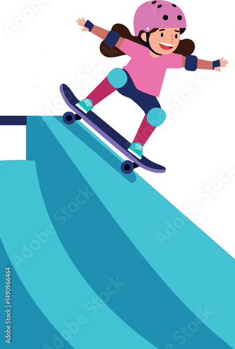 Girl skateboarding on blue ramp wearing pink helmet and protective gear vector illustration 