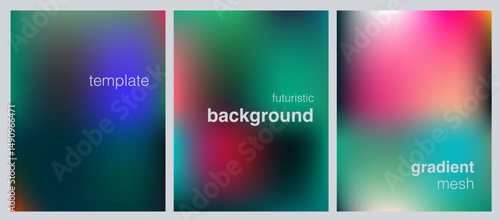 Vector set of abstract backgrounds with soft gradient meshes in green, blue, and pink tones. Smooth, blurry effect for modern graphic design, web, branding, or presentation templates and covers.