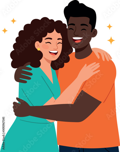 Happy couple hugging warmly with joyful expressions in colorful casual clothing vector illustration 