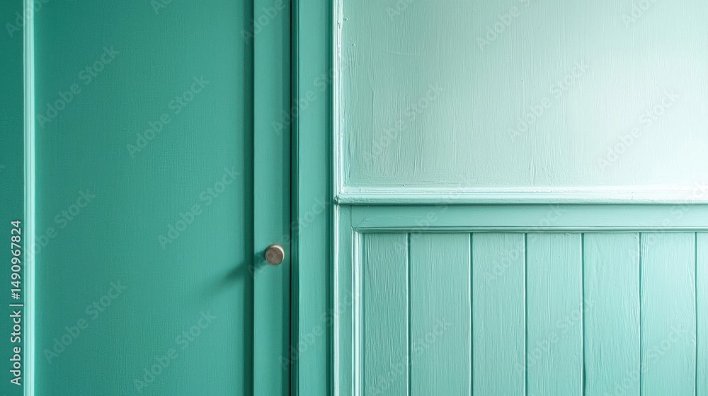 Obraz premium Close-up of a door with a light green color. the door appears to be made of wood and has a rectangular shape with a small knob on the right side.