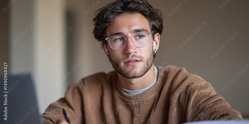 Obraz premium Focused student taking notes at home during a virtual class or study session