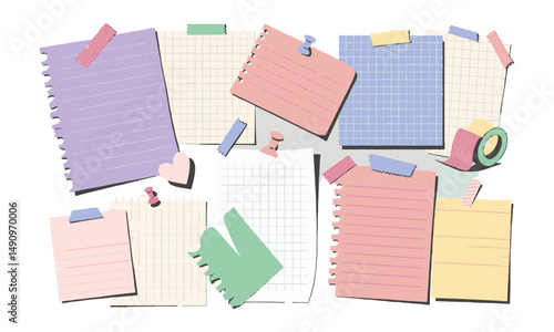 Modern vector collage of torn paper notes and grid sheets on a colorful pastel, easily scalable and editable
