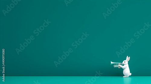 White Rabbit Playing Trumpet Against Teal Background