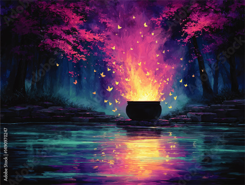 Enchanted Forest Cauldron with Magical Fire and Glowing Butterflies, Vibrant Fantasy Landscape Reflected in Tranquil Water