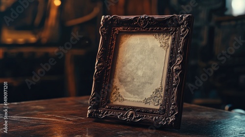 Antique ornate frame on wooden table.