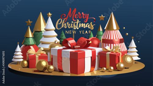Festive christmas and new year's celebration with decorative gifts and ornamented trees