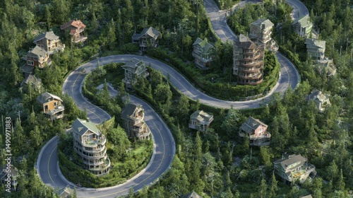 Winding road through forest residential area