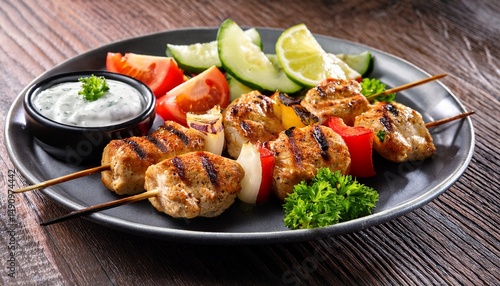 grilled kebabs of greek chicken souvlaki served with tzatziki sauce and fresh vegetables
