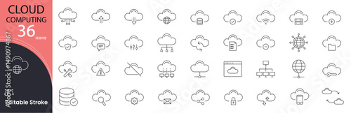 Cloud Computing icon set. Technology and data storage related line icons . cloud, server, database, networking, upload, download, security, virtualization, data center and more. Editable stroke.