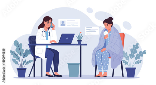 Consultation of woman patient in clinic medical office. Medical advice, doctor supervision. Prevention and treatment to maintain health. Vector illustration