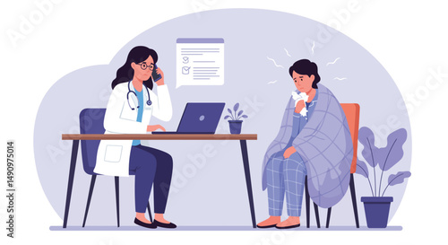 Consultation of woman patient in clinic medical office. Medical advice, doctor supervision. Prevention and treatment to maintain health. Vector illustration