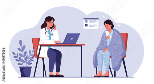 Consultation of woman patient in clinic medical office. Medical advice, doctor supervision. Prevention and treatment to maintain health. Vector illustration