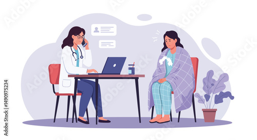 Consultation of woman patient in clinic medical office. Medical advice, doctor supervision. Prevention and treatment to maintain health. Vector illustration