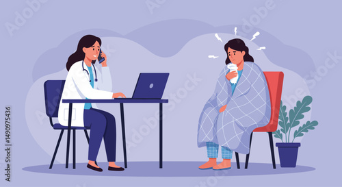 Consultation of woman patient in clinic medical office. Medical advice, doctor supervision. Prevention and treatment to maintain health. Vector illustration