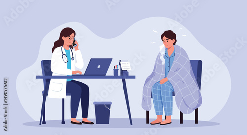 Consultation of woman patient in clinic medical office. Medical advice, doctor supervision. Prevention and treatment to maintain health. Vector illustration