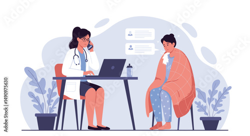 Consultation of woman patient in clinic medical office. Medical advice, doctor supervision. Prevention and treatment to maintain health. Vector illustration