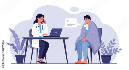 Consultation of woman patient in clinic medical office. Medical advice, doctor supervision. Prevention and treatment to maintain health. Vector illustration