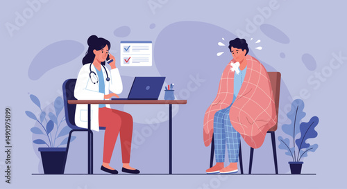 Consultation of woman patient in clinic medical office. Medical advice, doctor supervision. Prevention and treatment to maintain health. Vector illustration