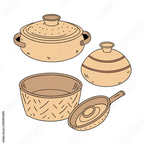 A set of clay cooking pots with white background