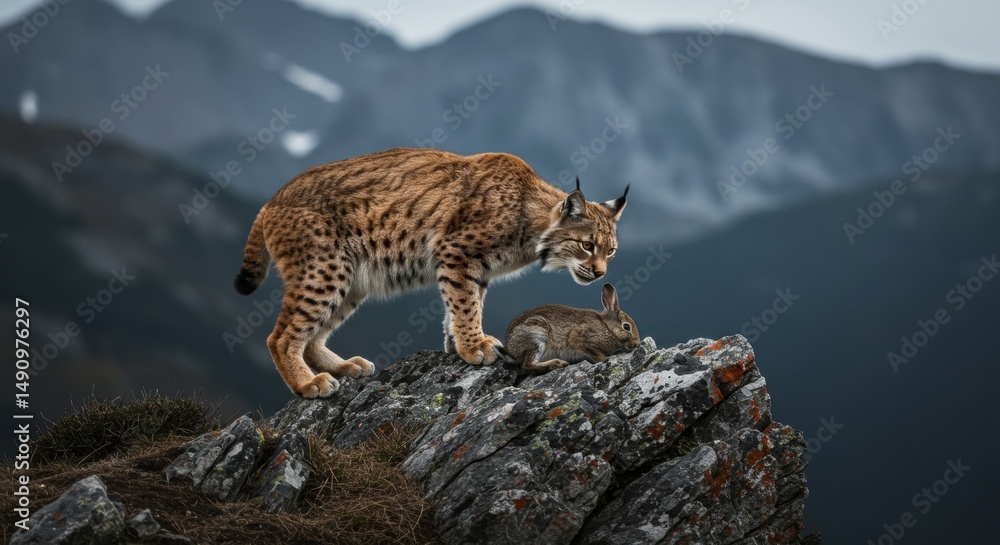 Fototapeta premium Captivating encounter between a lynx and a hare high in the mountains scenery creates an image of wildlife suspense and natural harmony